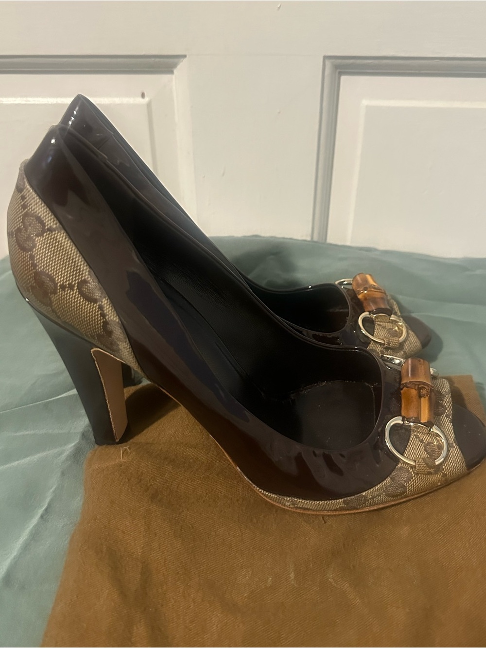 Gucci Brown and Tan Peep-Toe Heels with Bamboo Accent - Picture 2 of 8